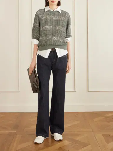 Brunello Cucinelli Sequin-embellished Striped Open-knit Cotton Sweater | Thumbnail 2 Brunello Cucinelli Sequin-embellished Striped Open-knit Cotton Sweater | Thumbnail 2