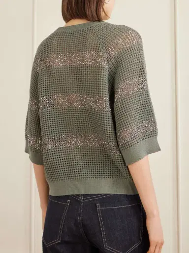 Brunello Cucinelli Sequin-embellished Striped Open-knit Cotton Sweater | Thumbnail 4 Brunello Cucinelli Sequin-embellished Striped Open-knit Cotton Sweater | Thumbnail 4