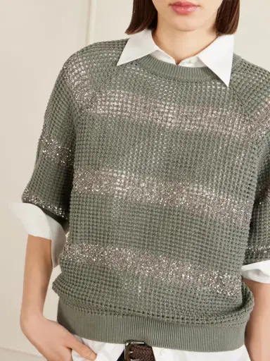 Brunello Cucinelli Sequin-embellished Striped Open-knit Cotton Sweater | Thumbnail 5 Brunello Cucinelli Sequin-embellished Striped Open-knit Cotton Sweater | Thumbnail 5