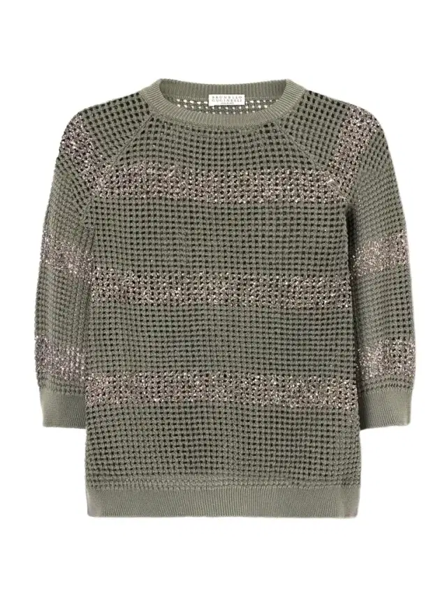 Sequin-embellished Striped Open-knit Cotton Sweater