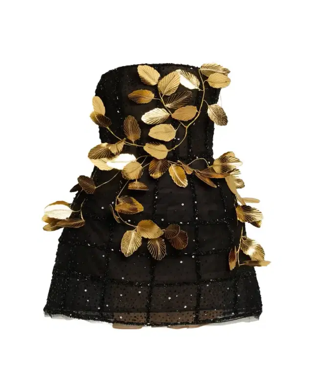Strapless Golden-Leaf Sequined Mini Dress