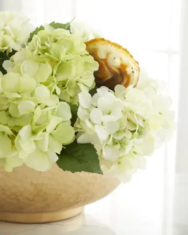 T & C Floral Company Hydrangea Faux Floral Arrangement in Hammered Metal Bowl with Selenite and Agate Slabs - 17" | Thumbnail 2 T & C Floral Company Hydrangea Faux Floral Arrangement in Hammered Metal Bowl with Selenite and Agate Slabs - 17" | Thumbnail 2
