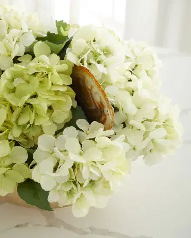 T & C Floral Company Hydrangea Faux Floral Arrangement in Hammered Metal Bowl with Selenite and Agate Slabs - 17" | Thumbnail 3 T & C Floral Company Hydrangea Faux Floral Arrangement in Hammered Metal Bowl with Selenite and Agate Slabs - 17" | Thumbnail 3