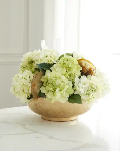 T & C Floral Company Hydrangea Faux Floral Arrangement in Hammered Metal Bowl with Selenite and Agate Slabs - 17" | Thumbnail 1 T & C Floral Company Hydrangea Faux Floral Arrangement in Hammered Metal Bowl with Selenite and Agate Slabs - 17" | Thumbnail 1