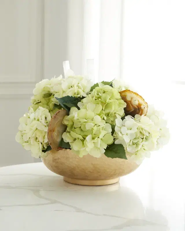 T & C Floral Company Hydrangea Faux Floral Arrangement in Hammered Metal Bowl with Selenite and Agate Slabs - 17"