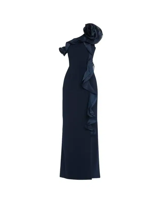 Rickie Freeman for Teri Jon One-Shoulder Ruffle Column Gown