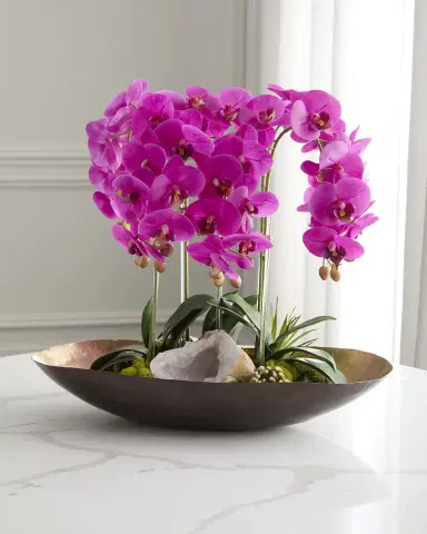 T & C Floral Company Orchids with Quartz 24" Faux Floral Arrangement in Metal Bowl | Thumbnail 2