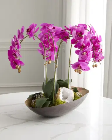 T & C Floral Company Orchids with Quartz 24" Faux Floral Arrangement in Metal Bowl | Thumbnail 3