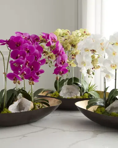 T & C Floral Company Orchids with Quartz 24" Faux Floral Arrangement in Metal Bowl | Thumbnail 1