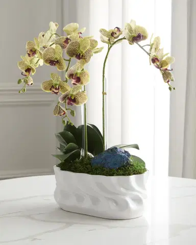 T & C Floral Company Triple Orchids with Peacock Ore 23" Faux Floral Arrangement in Ripple Vase | Thumbnail 2