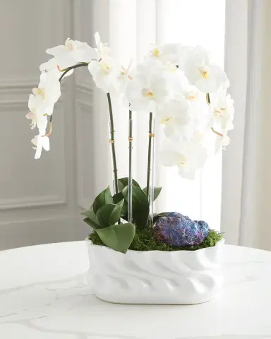 T & C Floral Company Triple Orchids with Peacock Ore 23" Faux Floral Arrangement in Ripple Vase | Thumbnail 2