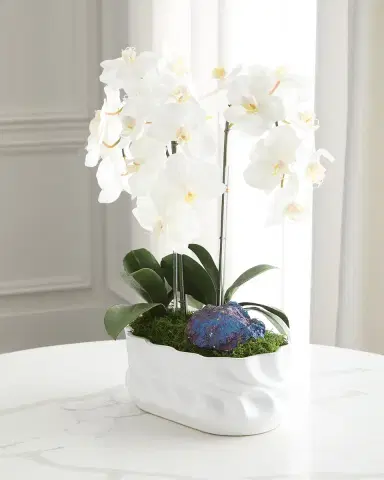 T & C Floral Company Triple Orchids with Peacock Ore 23" Faux Floral Arrangement in Ripple Vase | Thumbnail 3