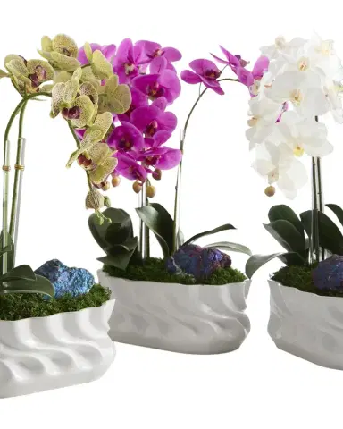 T & C Floral Company Triple Orchids with Peacock Ore 23" Faux Floral Arrangement in Ripple Vase | Thumbnail 1