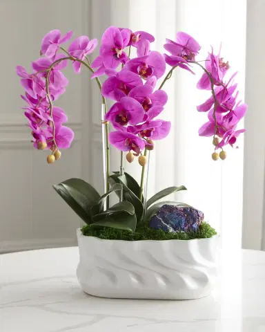 T & C Floral Company Triple Orchids with Peacock Ore 23" Faux Floral Arrangement in Ripple Vase | Thumbnail 2