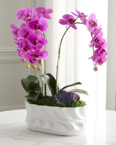 T & C Floral Company Triple Orchids with Peacock Ore 23" Faux Floral Arrangement in Ripple Vase | Thumbnail 3