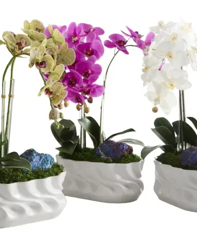 T & C Floral Company Triple Orchids with Peacock Ore 23" Faux Floral Arrangement in Ripple Vase | Thumbnail 1