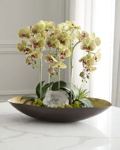 T & C Floral Company Orchids with Quartz 24" Faux Floral Arrangement in Metal Bowl | Thumbnail 2