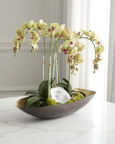 T & C Floral Company Orchids with Quartz 24" Faux Floral Arrangement in Metal Bowl | Thumbnail 3