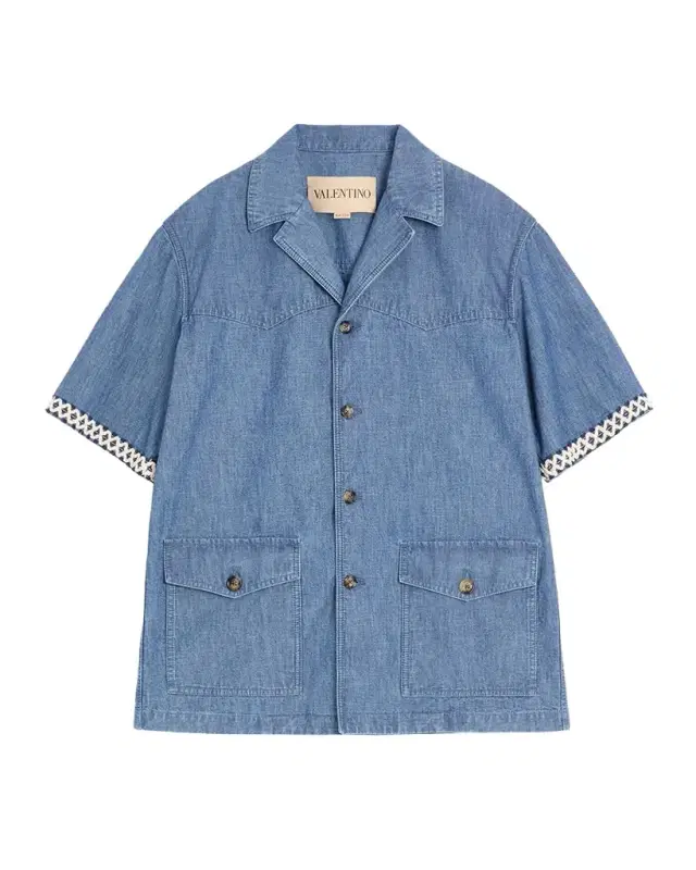 Men 's Denim Embroidered-Trim Short-Sleeve Shirt
