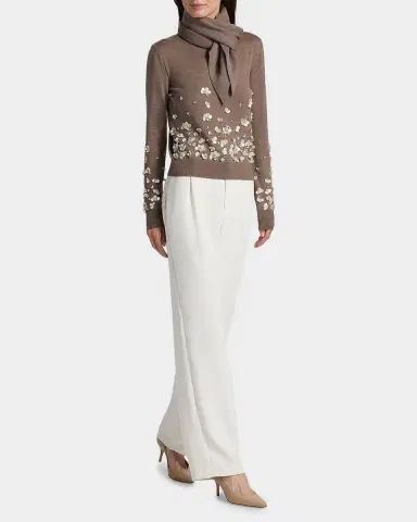 Oscar de la Renta Mother Of Pearl Embellished Wool Scarf-Neck Sweater | Thumbnail 2 Oscar de la Renta Mother Of Pearl Embellished Wool Scarf-Neck Sweater | Thumbnail 2