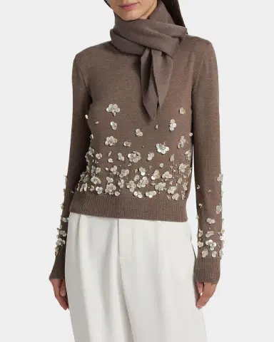 Oscar de la Renta Mother Of Pearl Embellished Wool Scarf-Neck Sweater | Thumbnail 4 Oscar de la Renta Mother Of Pearl Embellished Wool Scarf-Neck Sweater | Thumbnail 4