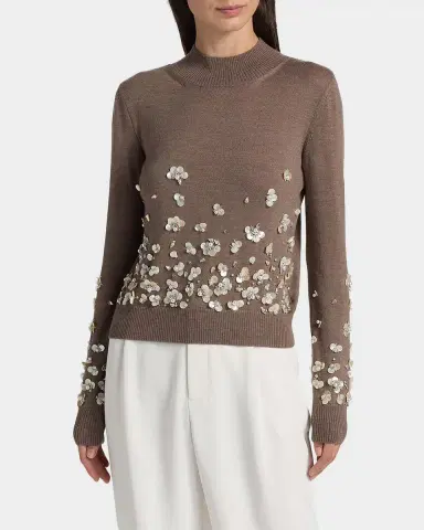 Oscar de la Renta Mother Of Pearl Embellished Wool Scarf-Neck Sweater | Thumbnail 5 Oscar de la Renta Mother Of Pearl Embellished Wool Scarf-Neck Sweater | Thumbnail 5