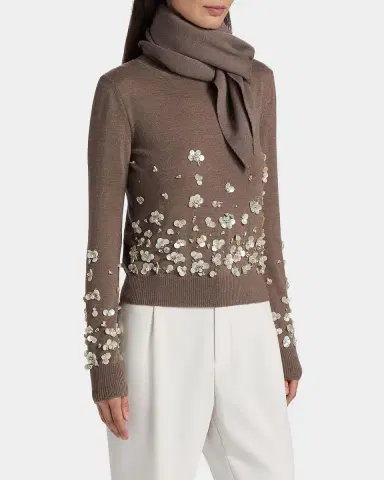 Oscar de la Renta Mother Of Pearl Embellished Wool Scarf-Neck Sweater | Thumbnail 8 Oscar de la Renta Mother Of Pearl Embellished Wool Scarf-Neck Sweater | Thumbnail 8