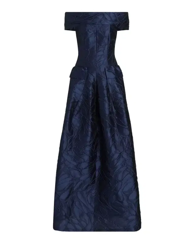 Talbot Runhof Off-The-Shoulder Textured Jacquard Gown