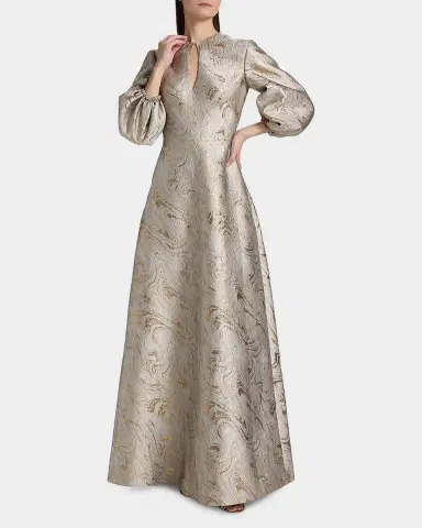 Reem Acra Balloon-Sleeve Metallic Brocade Kaftan Gown | Thumbnail 2 Reem Acra Balloon-Sleeve Metallic Brocade Kaftan Gown | Thumbnail 2