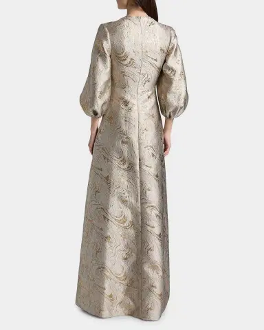 Reem Acra Balloon-Sleeve Metallic Brocade Kaftan Gown | Thumbnail 3 Reem Acra Balloon-Sleeve Metallic Brocade Kaftan Gown | Thumbnail 3
