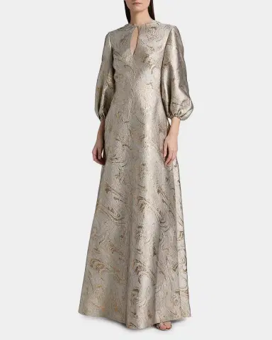 Reem Acra Balloon-Sleeve Metallic Brocade Kaftan Gown | Thumbnail 4 Reem Acra Balloon-Sleeve Metallic Brocade Kaftan Gown | Thumbnail 4
