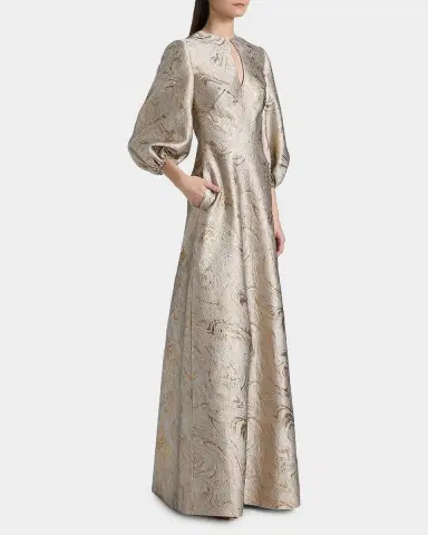 Reem Acra Balloon-Sleeve Metallic Brocade Kaftan Gown | Thumbnail 5 Reem Acra Balloon-Sleeve Metallic Brocade Kaftan Gown | Thumbnail 5