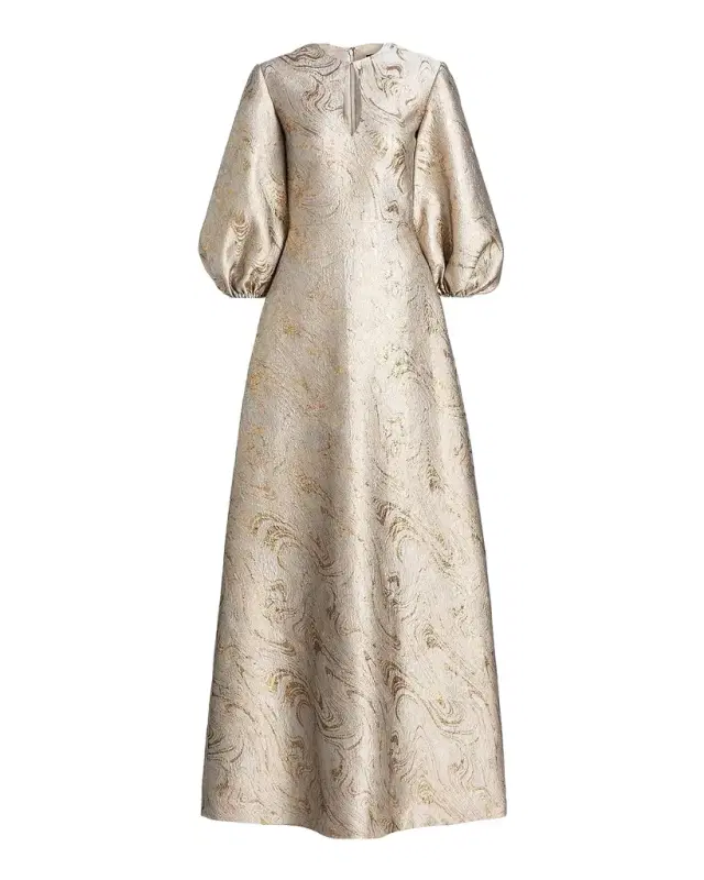 Balloon-Sleeve Metallic Brocade Kaftan Gown