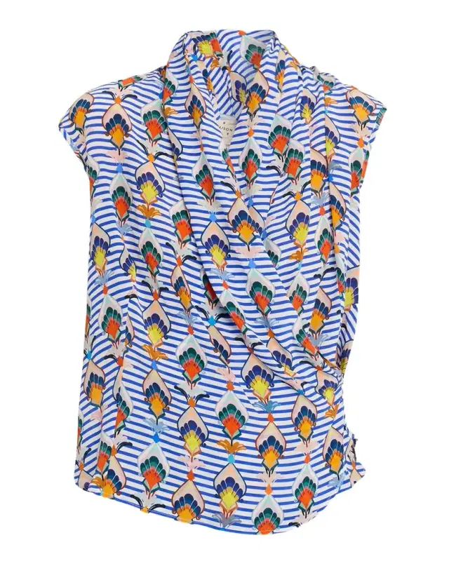 Striped Geometric-Print Silk Blouse