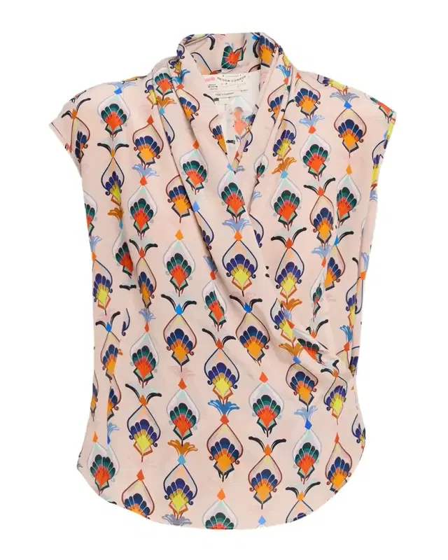 Draped Abstract-Print Silk Blouse