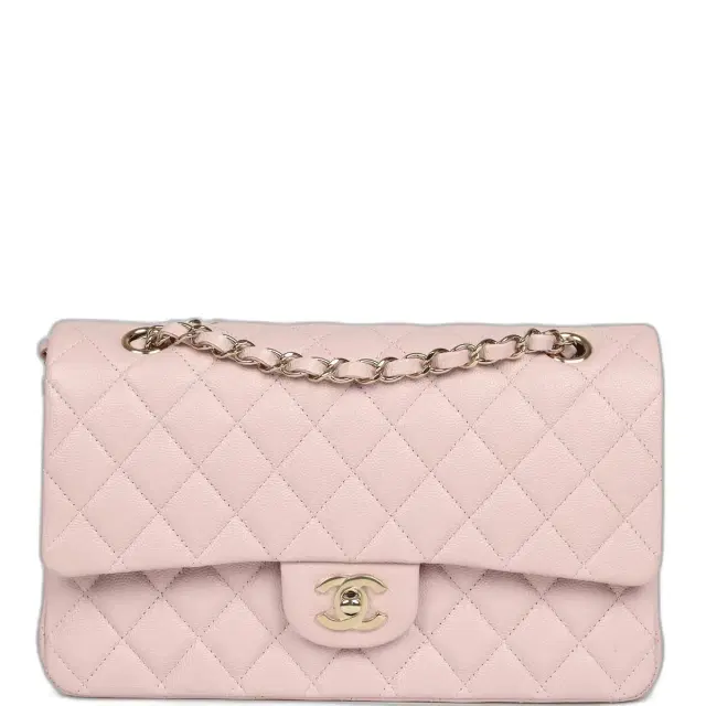 Chanel Medium Classic Double Flap Bag Light Pink Shiny Caviar Light Gold Hardware