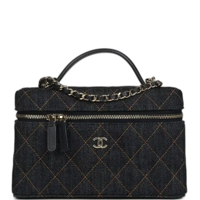 Chanel Chanel Top Handle Long Vanity Case with Chain Dark Blue Denim Light Gold Hardware