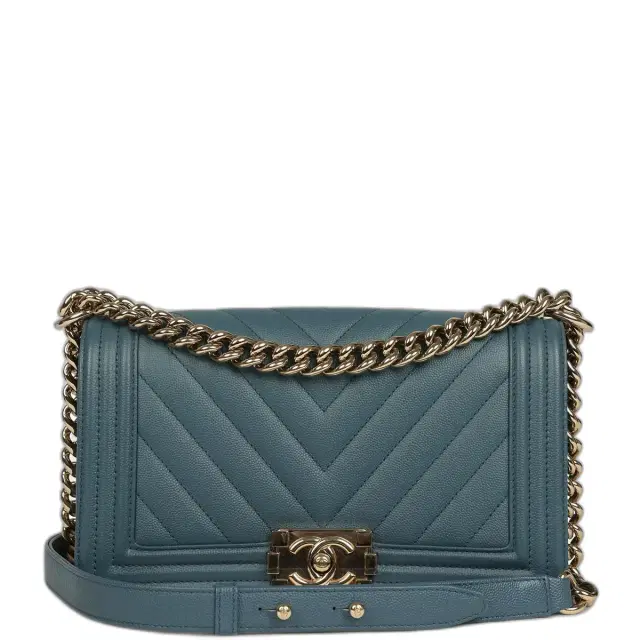 Chanel Pre-owned Chanel Medium Chevron Boy Bag Blue Caviar Light Gold Hardware