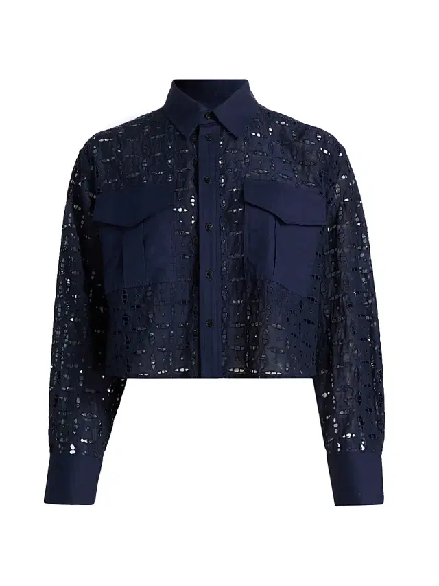 Derek Lam 10 Crosby Women's Anouk Embroidered Eyelet Crop Button-Front Shirt - Navy
