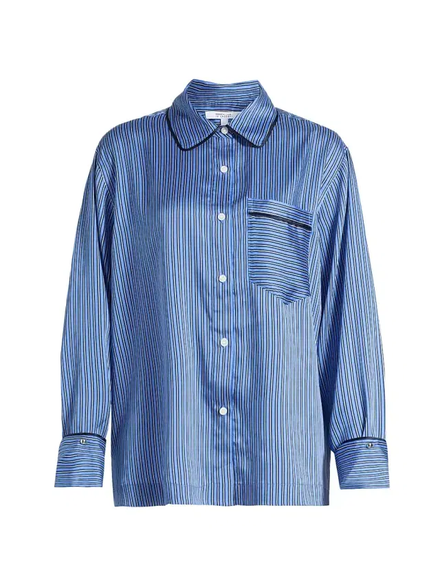 Derek Lam 10 Crosby Women's Lorina Border Stripe Satin Shirt - Ultramarine Navy Ecru