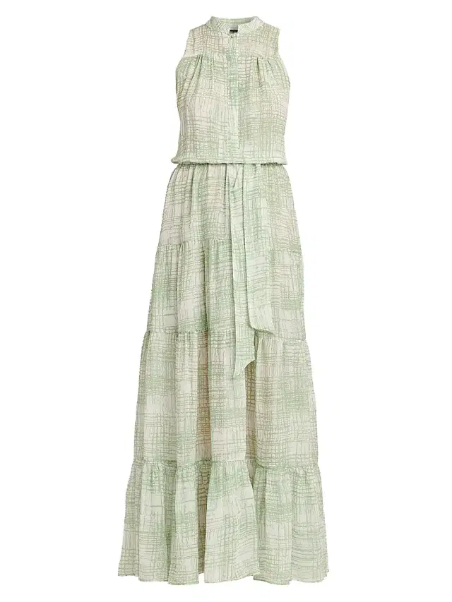 Women's Patterned Silk Tie-Waist Maxi Dress - Mint Green