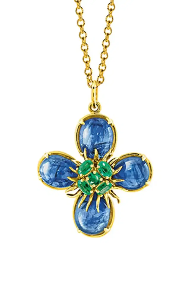 Emerald Sapphire Dogwood Pendant Necklace