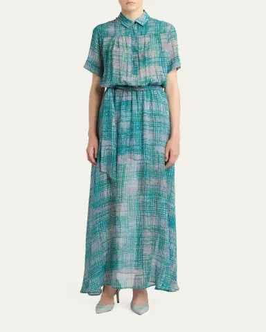 Kiton Check Silk Georgette Short-Sleeve Maxi Shirtdress | Thumbnail 2