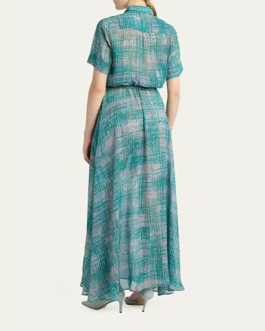 Kiton Check Silk Georgette Short-Sleeve Maxi Shirtdress | Thumbnail 3