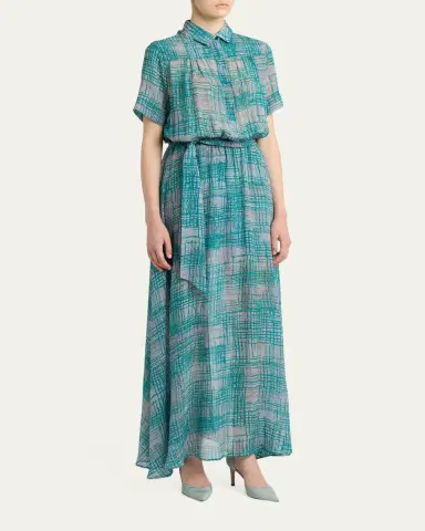 Kiton Check Silk Georgette Short-Sleeve Maxi Shirtdress | Thumbnail 4