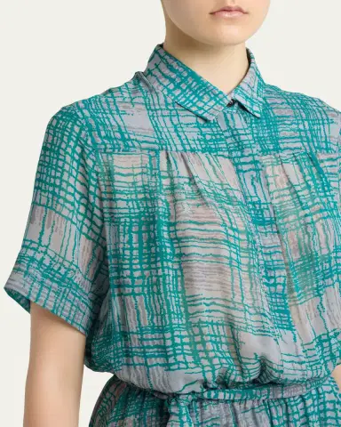 Kiton Check Silk Georgette Short-Sleeve Maxi Shirtdress | Thumbnail 5