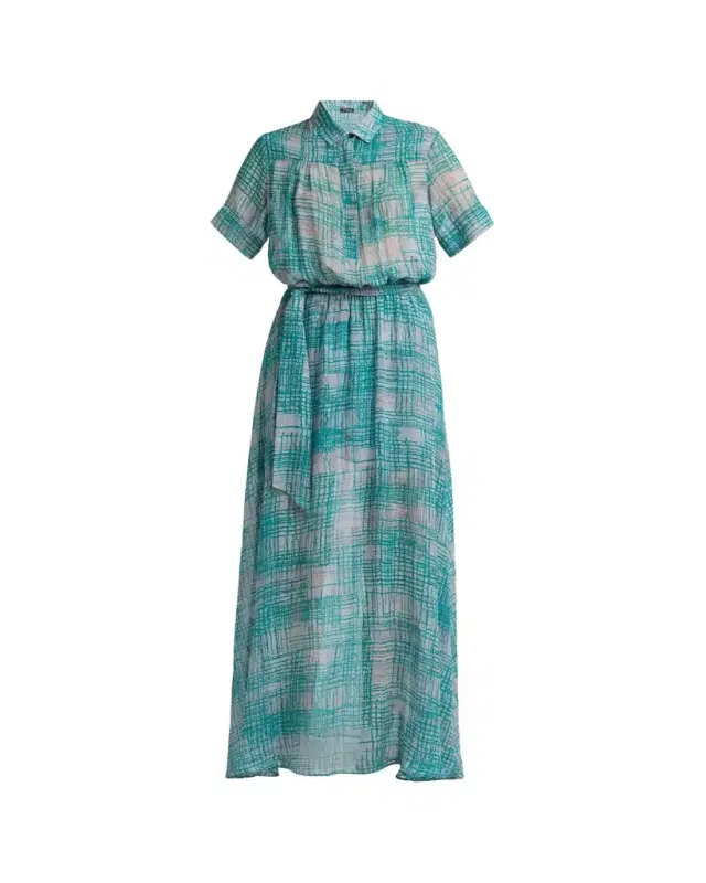 Check Silk Georgette Short-Sleeve Maxi Shirtdress