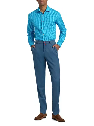 Kiton Men's Plaid Cotton Shirt - Turquoise - Size 17 | Thumbnail 2