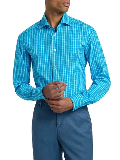 Kiton Men's Plaid Cotton Shirt - Turquoise - Size 17 | Thumbnail 3