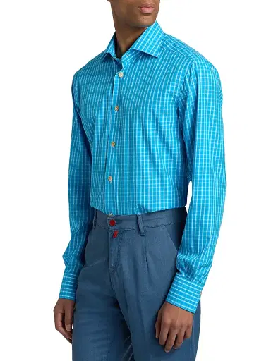 Kiton Men's Plaid Cotton Shirt - Turquoise - Size 17 | Thumbnail 4
